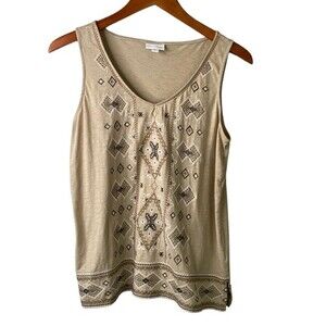 J Jill Aztec Geometrical Embroidered V-Neck Slub Cotton Sleeveless Tank Top Soft